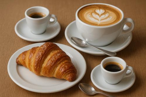 a table with two cups of coffee and a croissant at Camera a Napoli in Naples