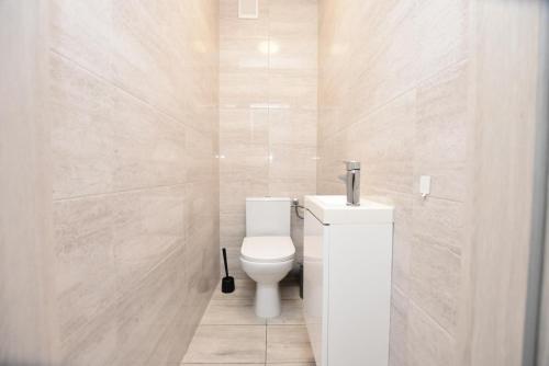 ヴロツワフにあるApartHostel "Przy Rynku" Wrocławの部屋にある白いトイレ付きのバスルーム
