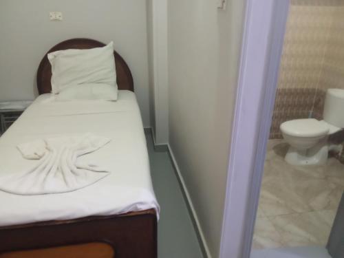 ルクソールにあるBob Marley Peace hotel luxorのベッドとトイレ付きの小さな部屋です。