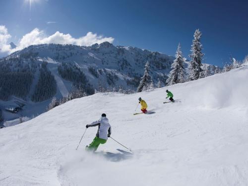 three people are skiing down a snow covered slope at Holiday Home Zell am Ziller Ski Lift in Zell am Ziller