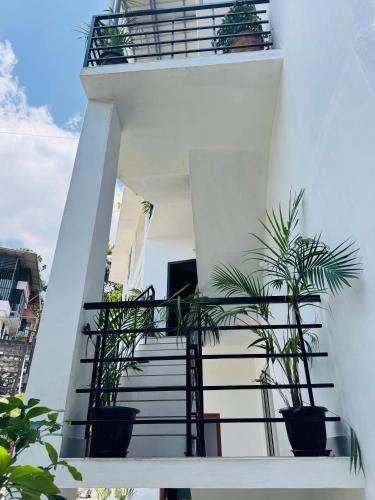 a white staircase with potted plants on it at Samriddhi Homestay in Trivandrum