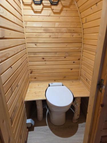 a wooden bathroom with a toilet in a sauna at Le mélèze heureux in Cambron-Casteau