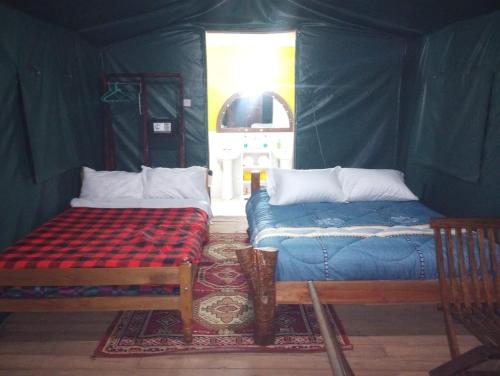 a room with two beds in a green tent at Sirimon Base Camp in Nanyuki
