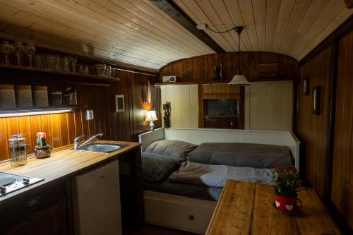 a small bedroom with a bed and a sink at Tiny-House in Paradise - Maringotka v Raji in Turnov