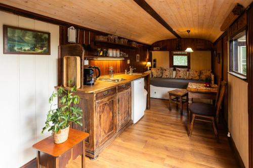 a kitchen with a counter and a table in a room at Tiny-House in Paradise - Maringotka v Raji in Turnov