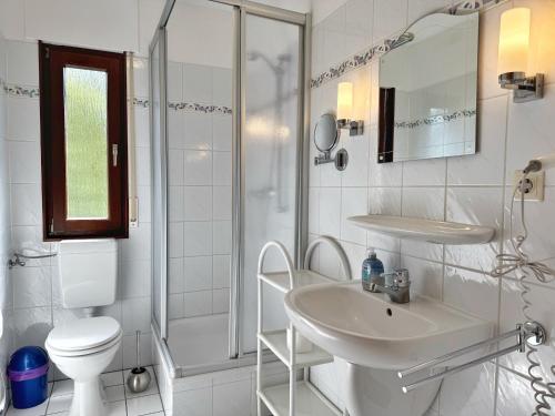 a bathroom with a sink and a toilet and a shower at Baltique - Ferienwohnung 1 Glowe in Glowe