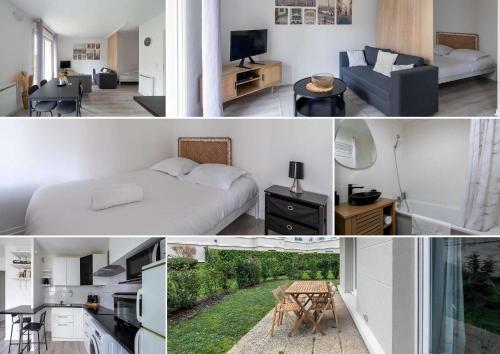 a collage of photos of a bedroom and a living room at Studio JadOr gare RER B Le Bourget - Paris aeroport Charles de Gaulle in Le Bourget