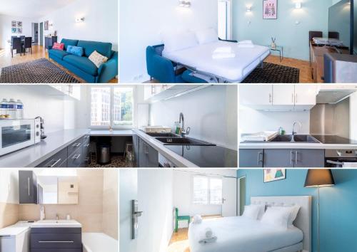 a collage of photos of a kitchen and a living room at Le Seguin - Calme Centre Seine Musicale in Sèvres