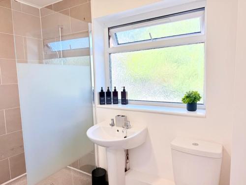 a bathroom with a sink and a toilet and a window at Spacious 4-Bedroom Newcastle, Sleeps 7 Guests in Kimbolton