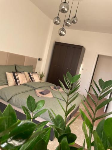 een slaapkamer met een bed en een grote plant bij Urban Vibe by Atlas Apartment - free parking in Prešov