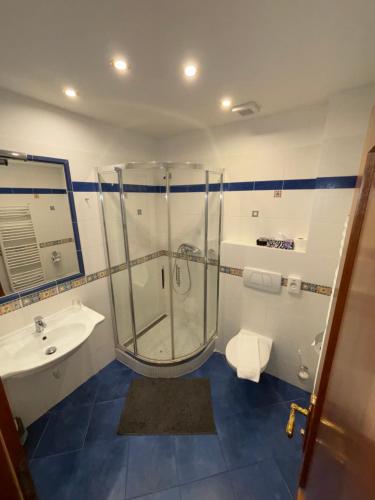 a bathroom with a shower and a sink at Penzion 77 - Garni in Pezinok