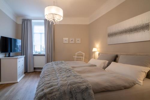 a bedroom with a large bed and a television at Lux Ferienwohnung altes Landwarenhaus mit Garten und zubuchbarer Sauna in Hedersleben