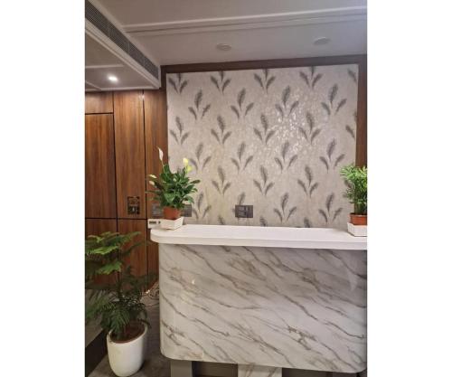 a bathroom with a marble sink and potted plants at Shree Aaradhya Suites in Khātu