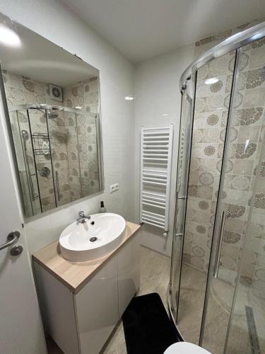 a white bathroom with a sink and a shower at Villa Laura in Gornji Vakuf