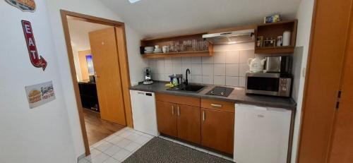 eine kleine Küche mit Spüle und Mikrowelle in der Unterkunft Appartement in Berghäuser mit Sonnigem Balkon in Grafenwiesen