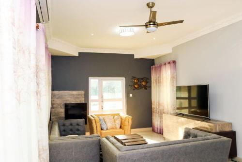 a living room with two couches and a tv at The Edge in Accra