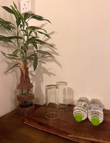 a wooden table with two glasses and a potted plant at Hotel Chingari Pinnawala in Rambukkana