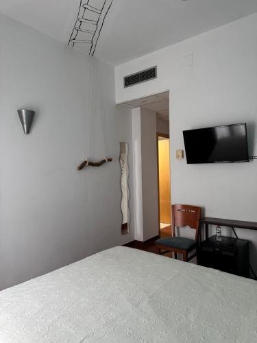a bedroom with a bed and a flat screen tv at Hotel Plaza Inn in Figueres