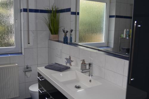 a bathroom with a sink and a mirror at Komfort-Apartment Mit Terrasse in Estenfeld