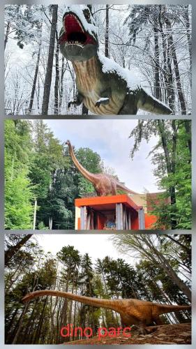 two pictures of a dinosaur in a forest at Rox Mountain View Apartament in Râşnov