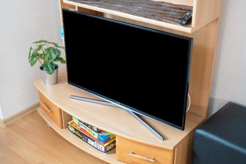 a flat screen tv sitting on a wooden stand at Ferienwohnung, 50qm, Terrasse in Sexau