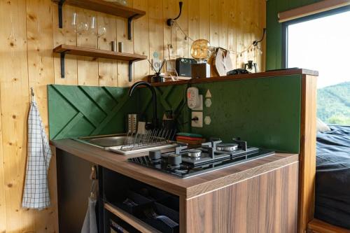 a kitchen with a stove and a sink at Le Bosquet des Dômes - Panorama des Puys à Cheval in Châtel-Guyon