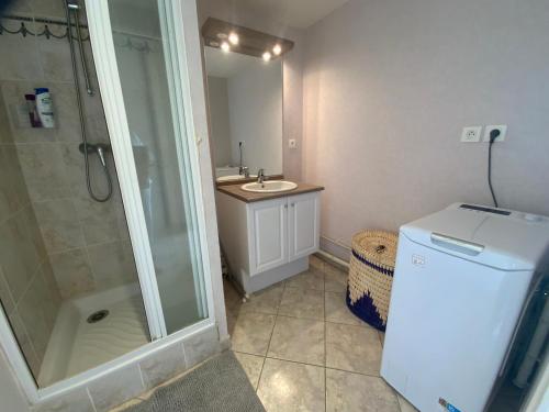 a bathroom with a shower and a sink and a toilet at Appartement au face port avec grande terrasse in Audierne