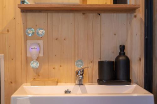 a bathroom sink with a soap dispenser on it at L'Échappée Royale - Beauval et Route des Châteaux in Billy