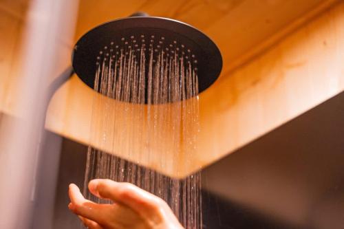 a person is holding a hair brush on a door at Lodge en Nature - 30 min Saint-Emilion - Salle de bain à l'italienne in Mouliets-et-Villemartin