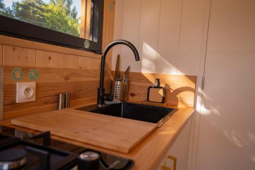 a kitchen with a sink in a tiny house at Lodge en Nature - 30 min Saint-Emilion - Salle de bain à l'italienne in Mouliets-et-Villemartin