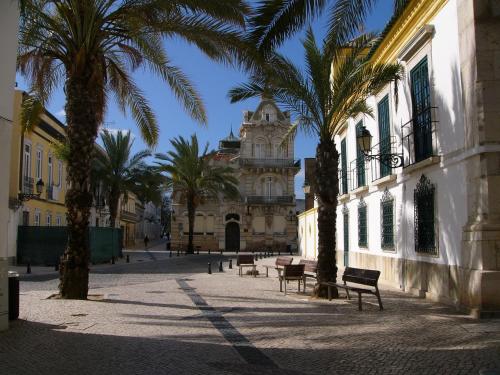 a street with palm trees and a building with a clock tower at Happy House in Faro