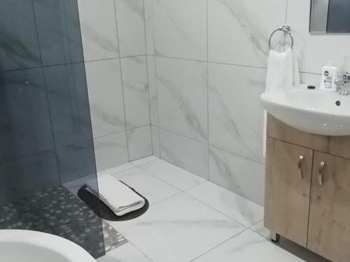a bathroom with a shower and a toilet and a sink at Nqabanqaba 12 in Meer en See