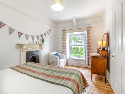 a bedroom with a bed and a fireplace at Maesybryn in Blaencelyn