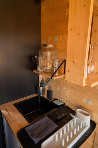 a kitchen with a sink and a counter top at Prairie de la Gervanne - Panorama Drôme & Vercors in Beaufort-sur-Gervanne