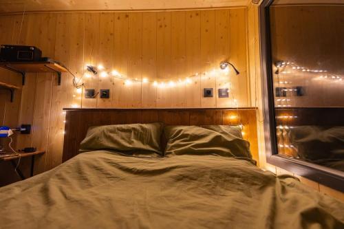 a bedroom with a bed with lights on the wall at Homnest - Observatoire des Préalpes & Cheval in Puy-Saint-Martin