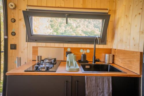 a kitchen with a sink and a window above a counter at Homnest - Observatoire des Préalpes & Cheval in Puy-Saint-Martin