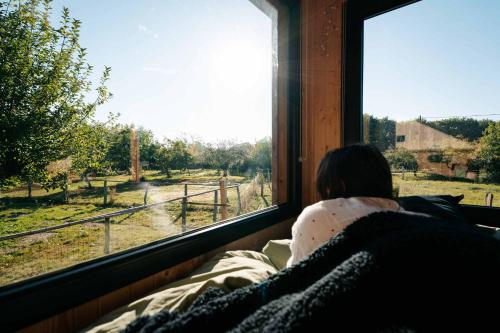 a woman laying in bed looking out a window at a farm at Tiny-House à 1h20 de Lyon - Salle de bain italienne - Lit Grand confort in Bruailles