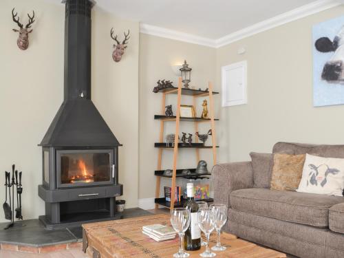 ein Wohnzimmer mit Couch und Kamin in der Unterkunft Red Hen Cottage in Broomhill