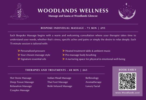 a flyer for woodlands wellness with a menu and wording cancellation where your therapist takes at SeaBeds - Luxury Lookouts with Hot Tubs in Glencoe