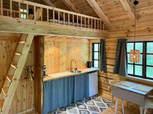 EjstrupにあるAuthentic Log Cabin In Forest Near Ejstrupholmの木造キャビン内のキッチン(シンク付)