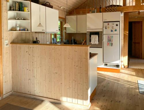 eine Küche mit weißen Schränken und einem Kühlschrank in der Unterkunft Holiday Home By Viking Grave And Protected Nature in Korsør