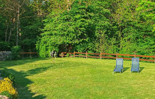 two blue chairs sitting in the grass in a yard at Ferienhaus Hohen Demzin in Hohen Demzin