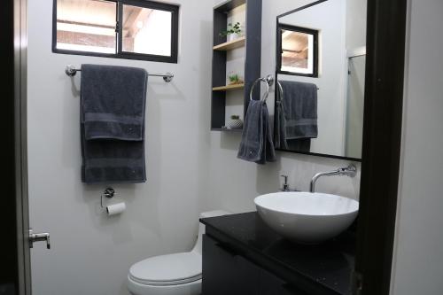 ein Badezimmer mit Waschbecken, Toilette und Spiegel in der Unterkunft Mi Casita San Miguel in San Miguel