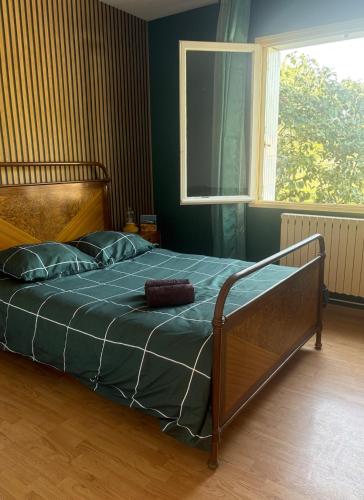 a bedroom with a bed with a green comforter and a window at Chez Micheline et Gilbert in Villebernier