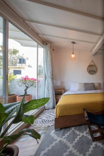 a bedroom with a bed and a large window at Departamentos Mi querido Coyoacán in Mexico City