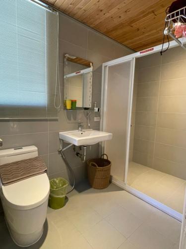 ein Badezimmer mit Dusche, Toilette und Waschbecken in der Unterkunft Lost in Memory in Sanxing Township