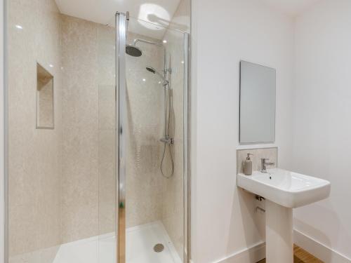 a bathroom with a shower and a sink at Westpitt Farm - The Hay Loft in Tiverton