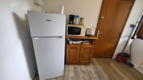 a white refrigerator in a kitchen with a microwave at Le Studio Louise Pratique & Central in Brides-les-Bains
