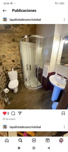 Un baño con ducha, inodoro y lavabo. en La pallota, en Camino