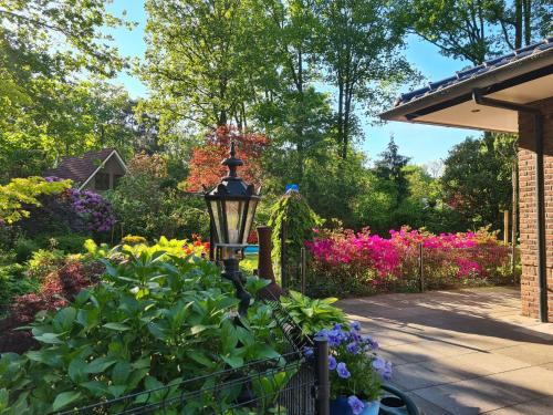 a garden with colorful flowers and a street light at B&B De Vretberg in Enschede